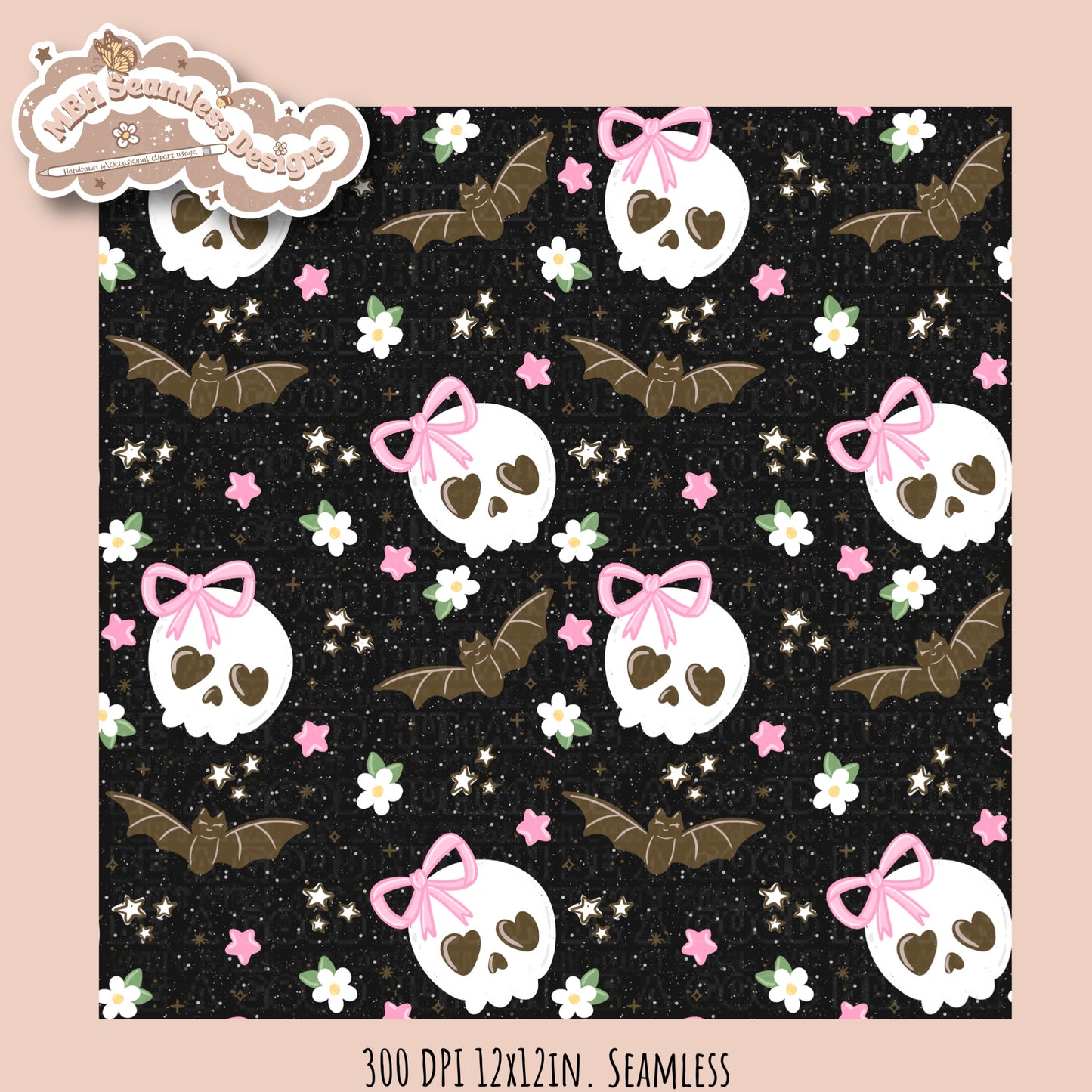 Girly Skulls and Bats Seamless Pattern // Multiple Colorways