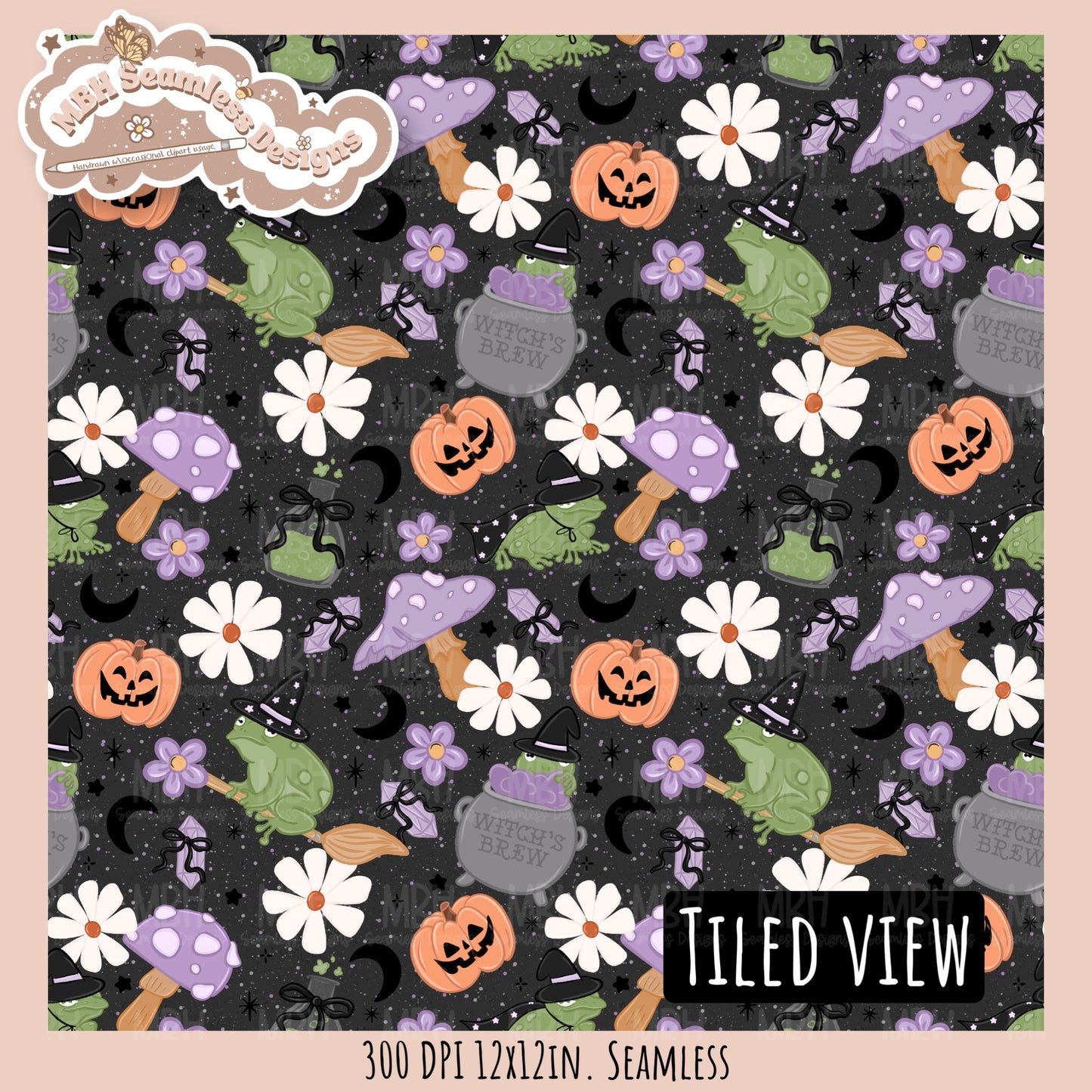 Coquette Witchy Frogs Seamless Pattern•PNG•Multiple Colorways