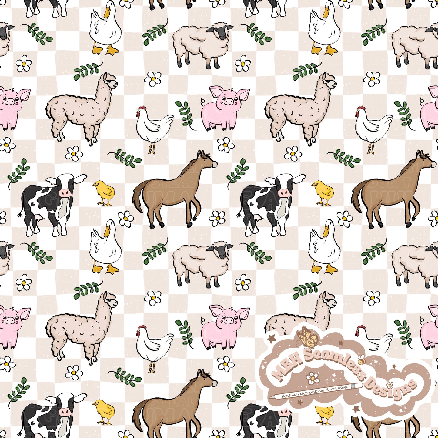 Boho Farm Animals Seamless Pattern MULTIPLE COLORWAYS