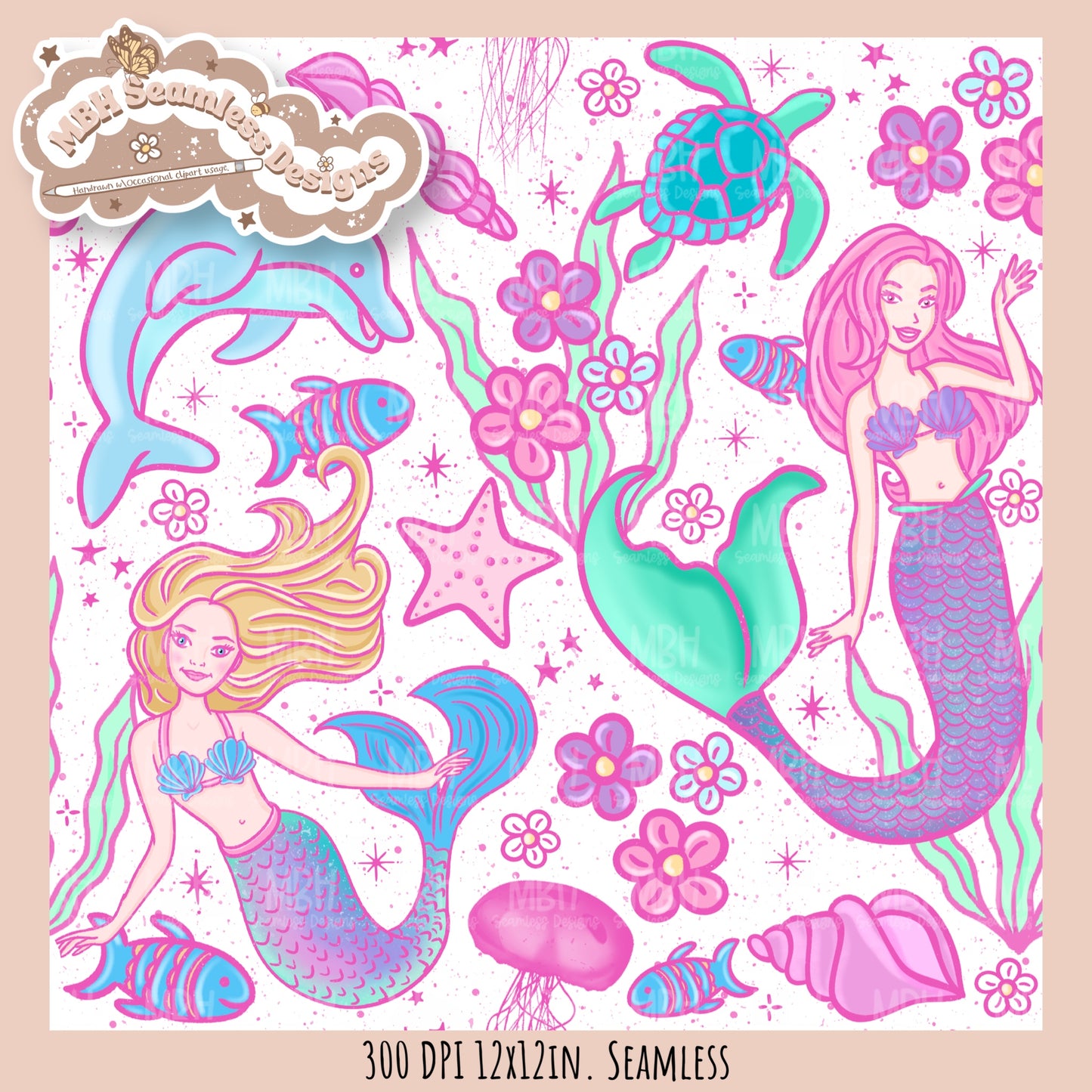 Barbie Mermaids Seamless Pattern //  MULTIPLE COLORWAYS