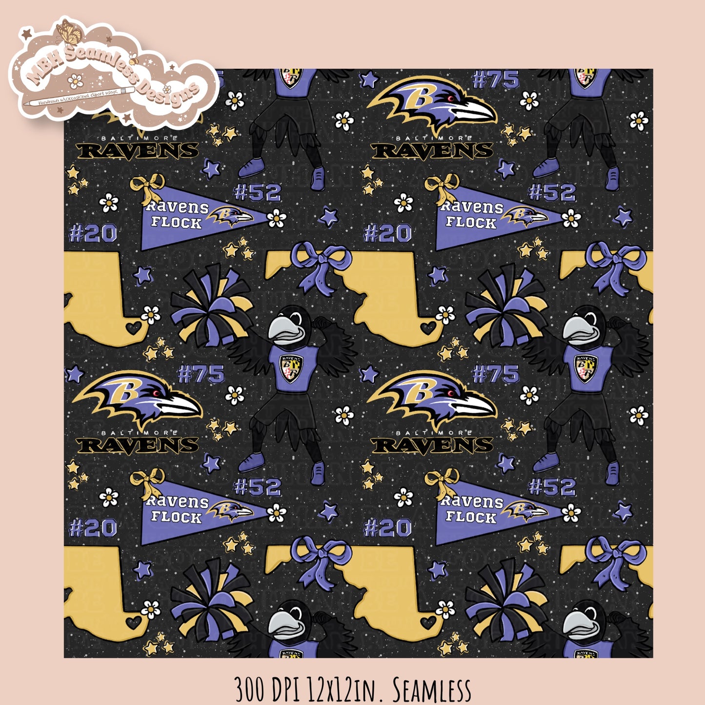 Ravens x Daisies Football Seamless Pattern // Assorted Colorways