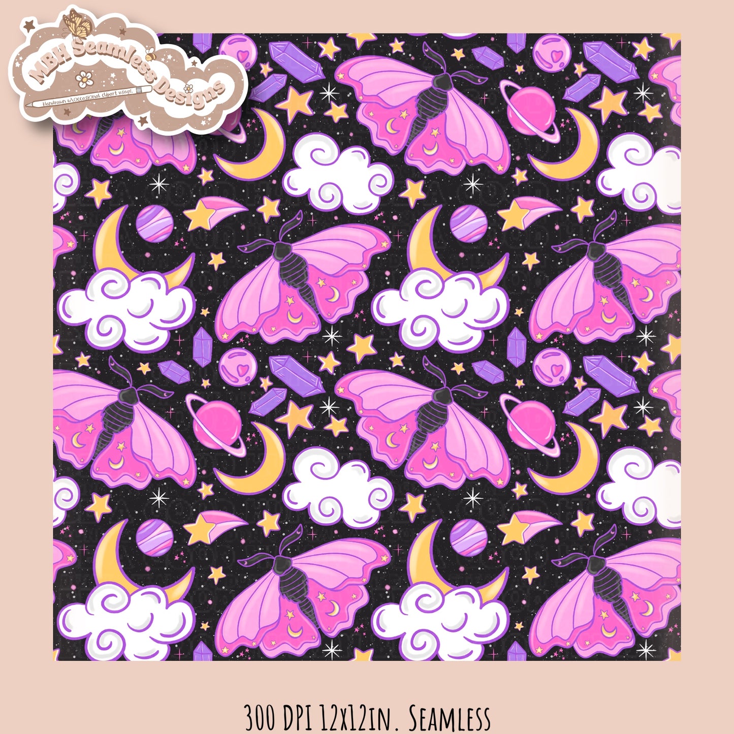 Galaxy Moths Seamless Pattern Multiple Colorways