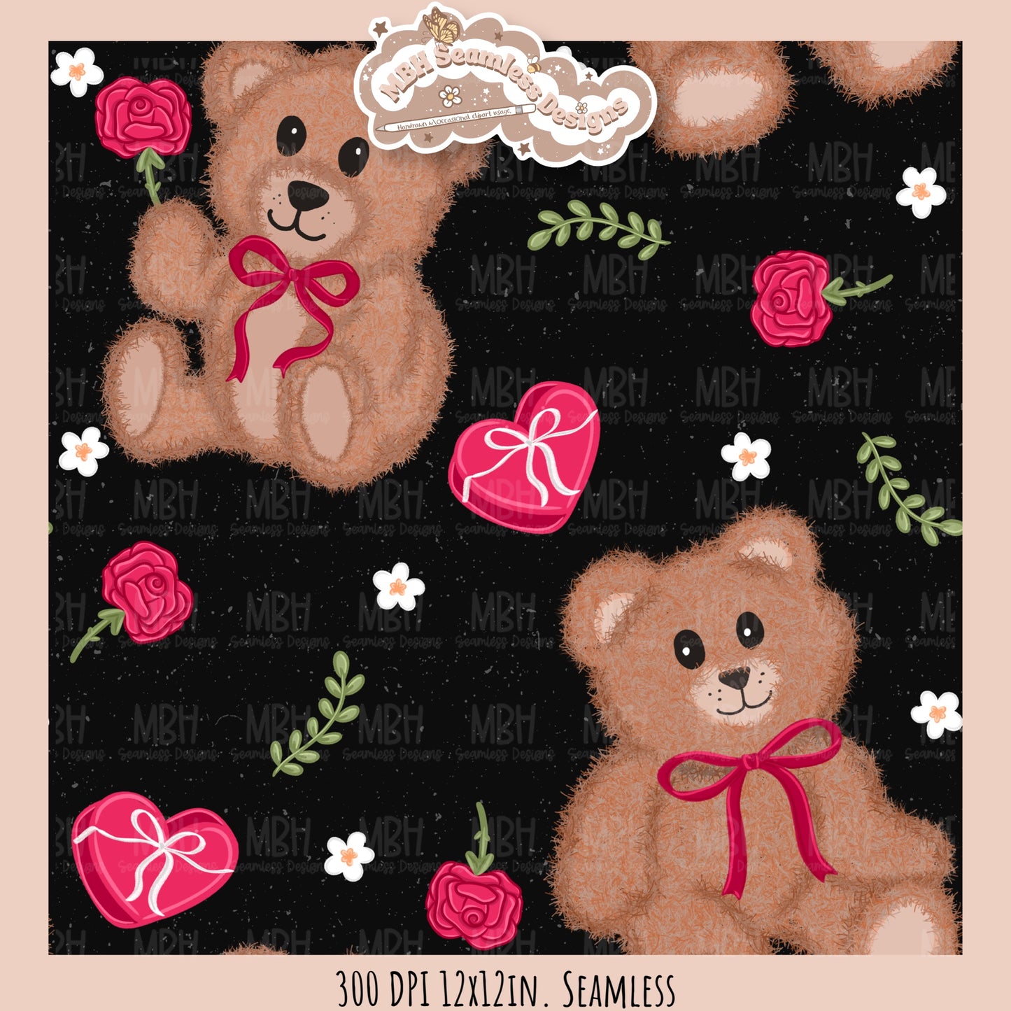 Teddy Bears & Roses Seamless Pattern // PNG // Assorted Colorways