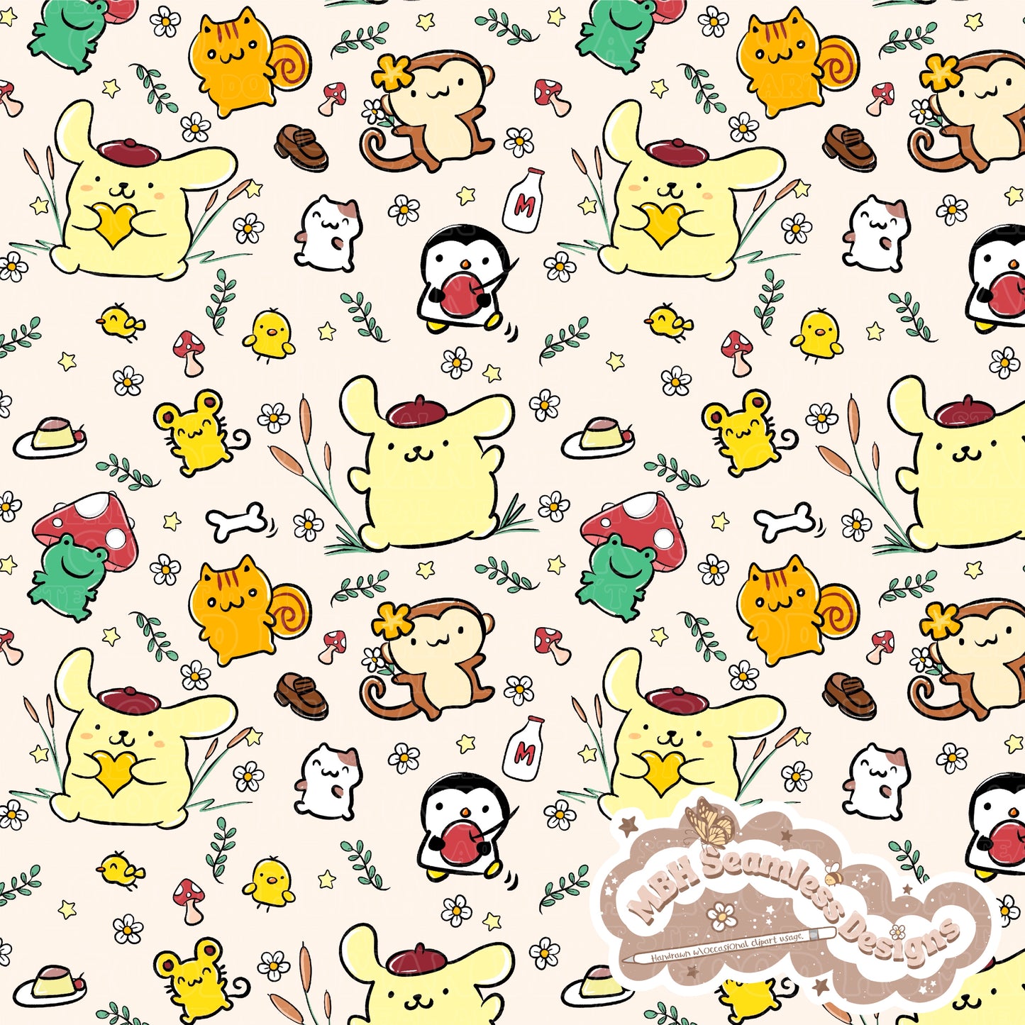 Pompompurin Daisy Shrooms Seamless Pattern & PNG MULTIPLE COLORWAYS