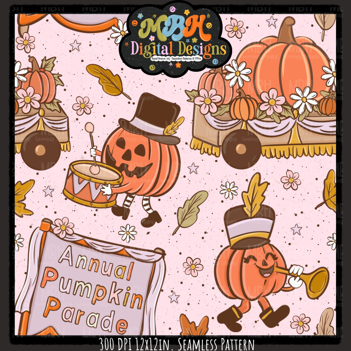 Boho Pumpkin Parade Seamless Pattern// PNG// MULTIPLE COLORWAYS