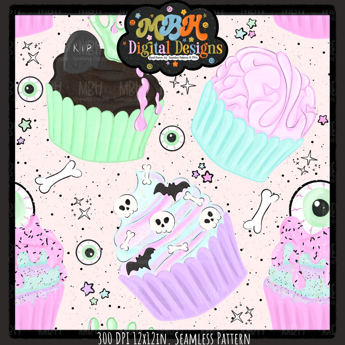 Pastel Creepy Cupcakes Seamless Pattern // PNG // MULTIPLE COLORWAYS