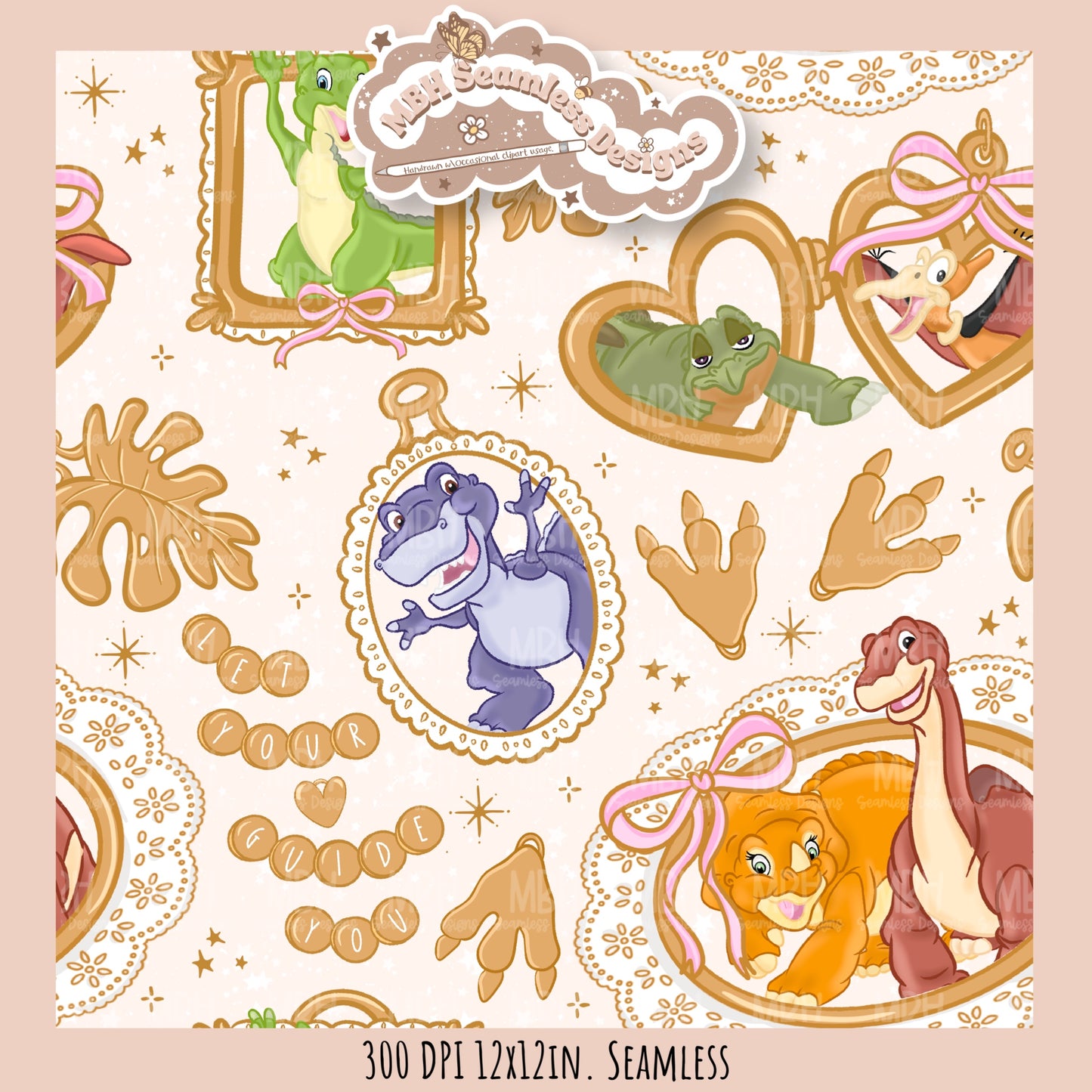 LBT Dinosaur Gold Charms Seamless Pattern // PNG // Multiple Colorway Options