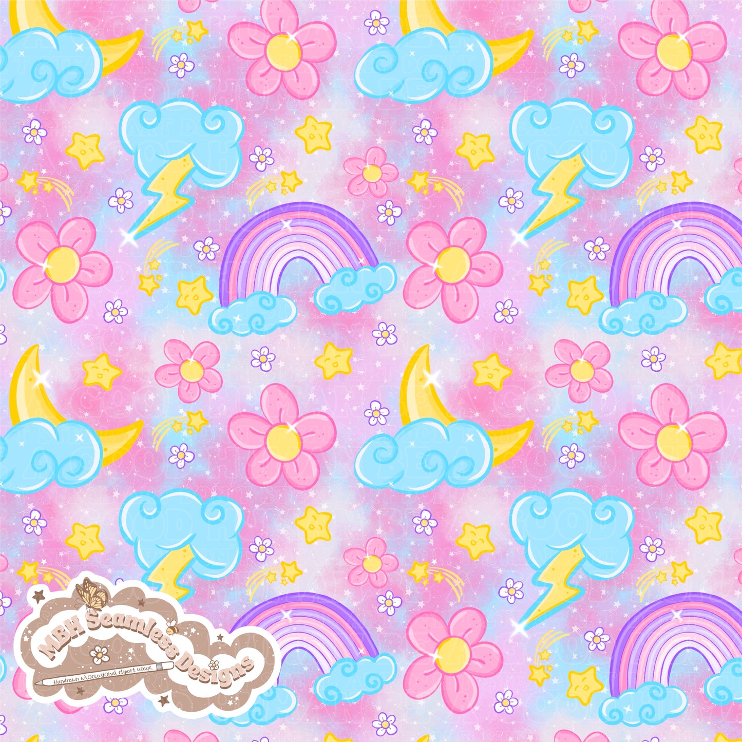 Starry Floral Rainbow Skies Seamless Pattern MULTIPLE COLORWAYS