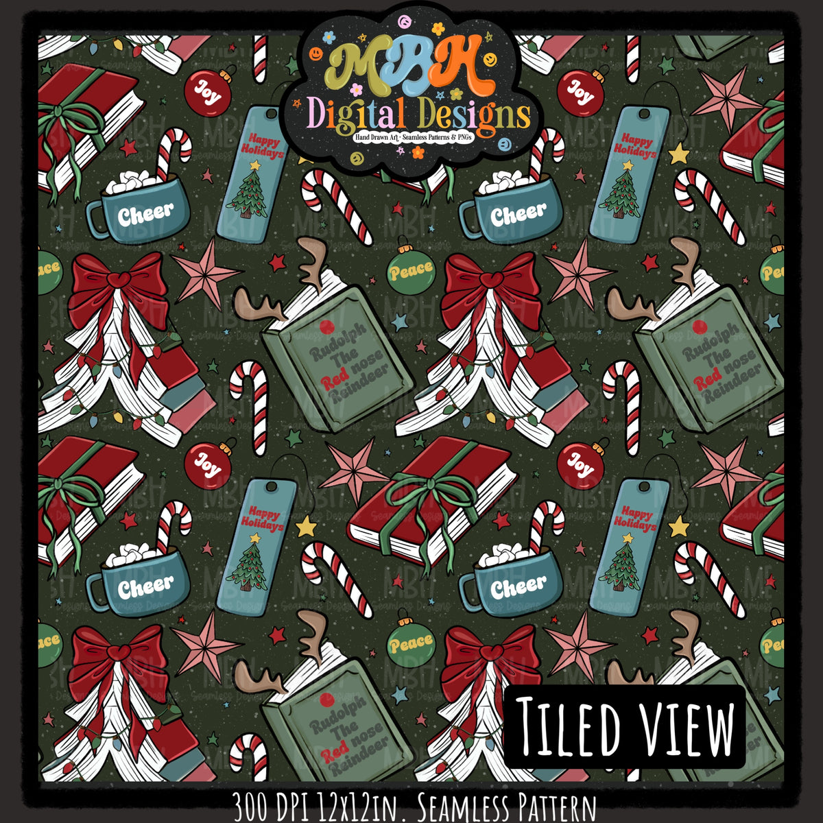 Moody Bookish Christmas Seamless Pattern // MULTIPLE COLORWAYS