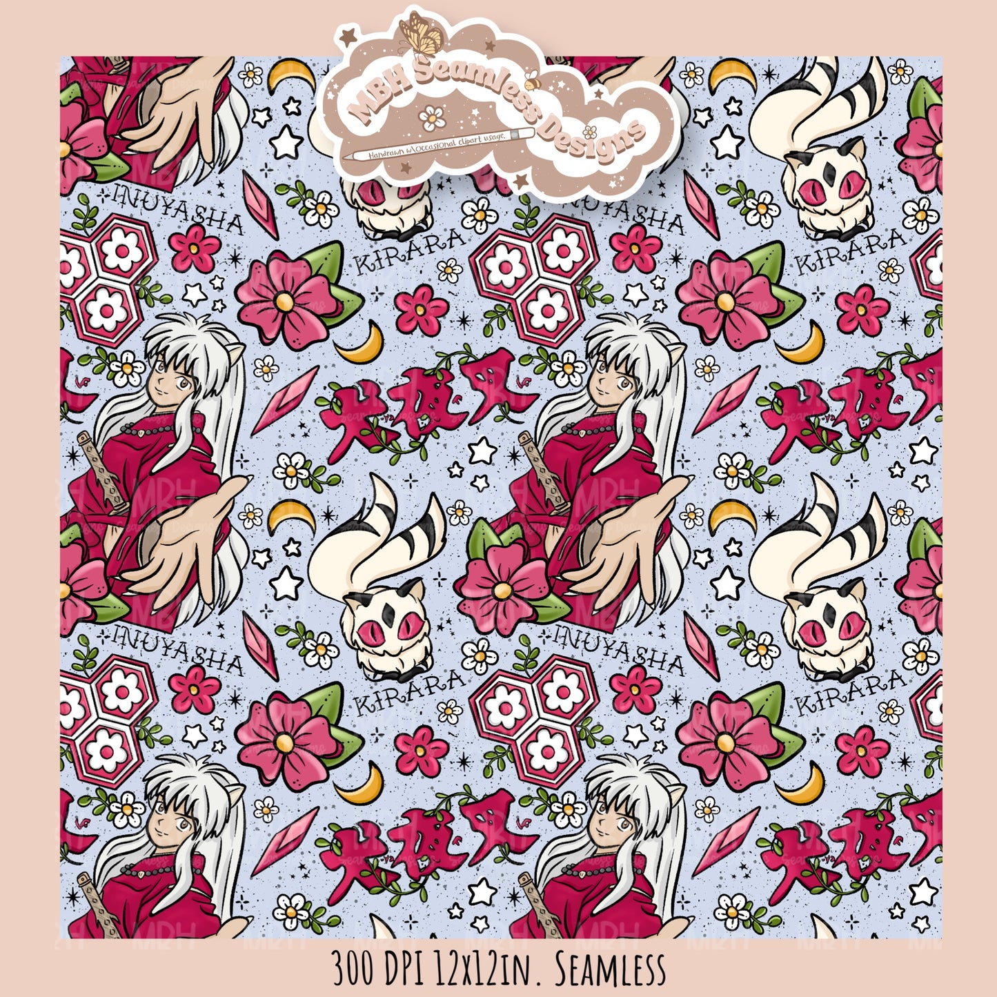 InuYasha Kirara Floral Seamless Pattern // PNG // MULTIPLE COLORWAY OPTIONS