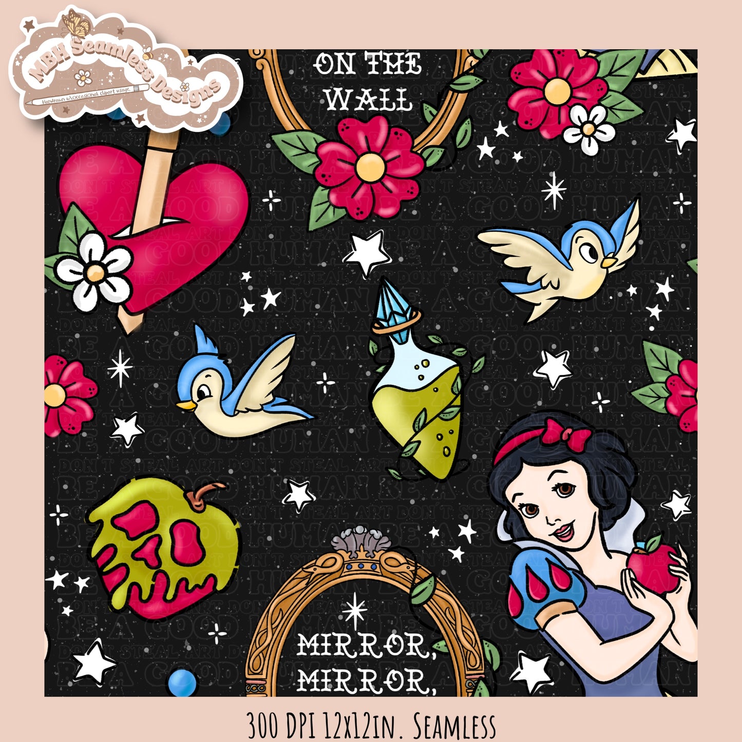 Snow White Tattoo Floral Seamless Pattern MULTIPLE COLORWAYS