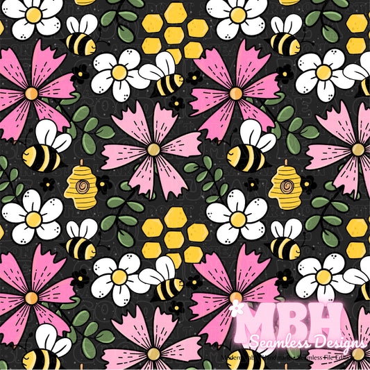 Pink Floral Bees MULTIPLE COLORWAYS Seamless Pattern