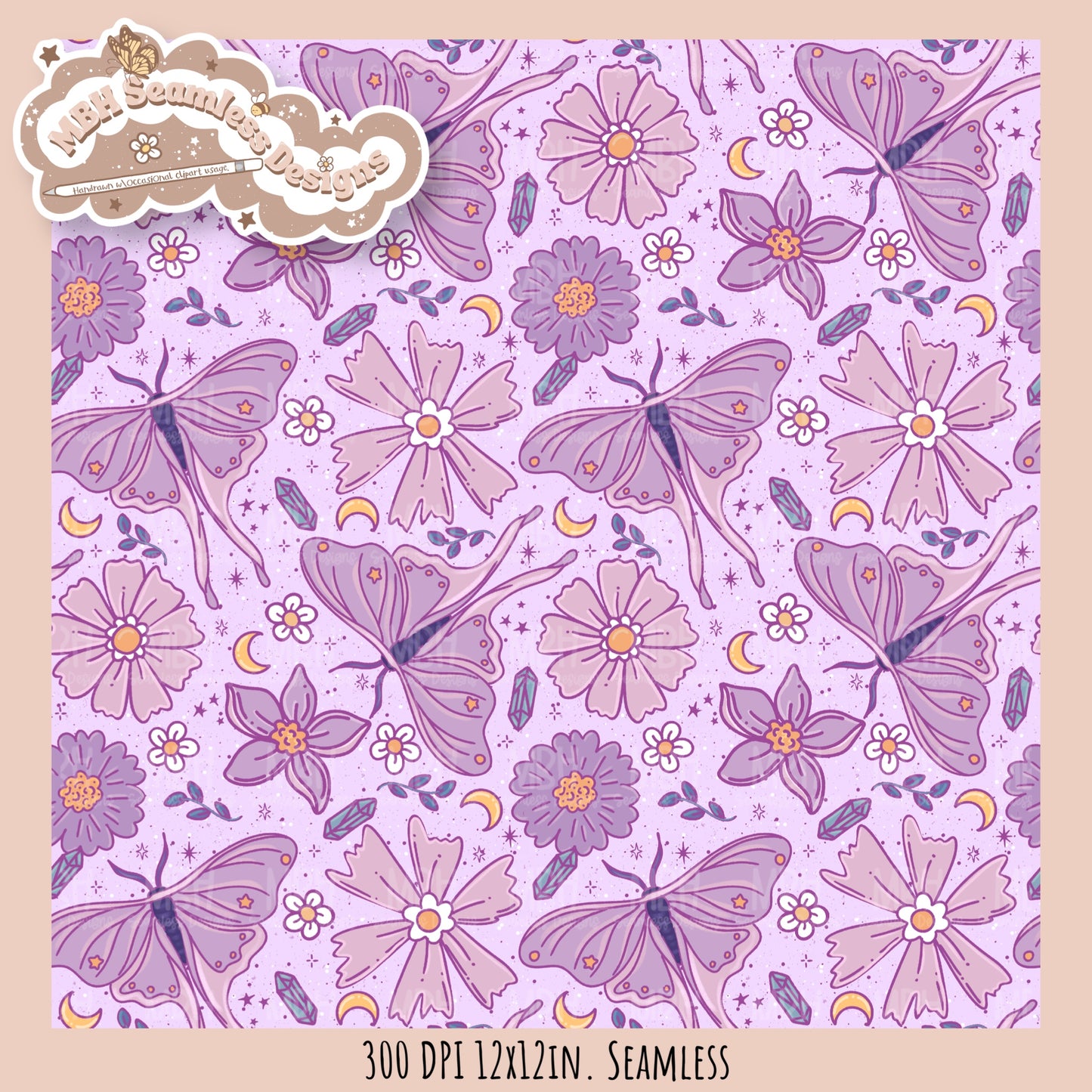 Starry Night Floral Luna Moths Seamless Pattern // PNG//  MULTIPLE COLORWAYS