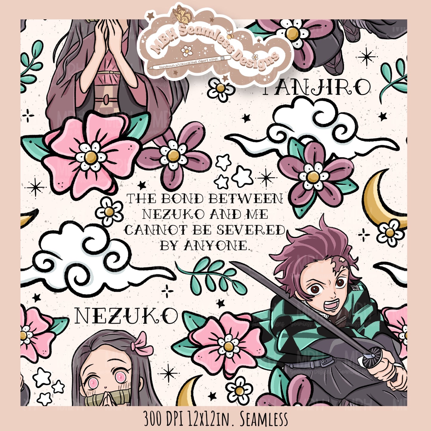 Tanjiro Nezuko Quote Floral Seamless Pattern // PNG // MULTIPLE COLORWAY OPTIONS