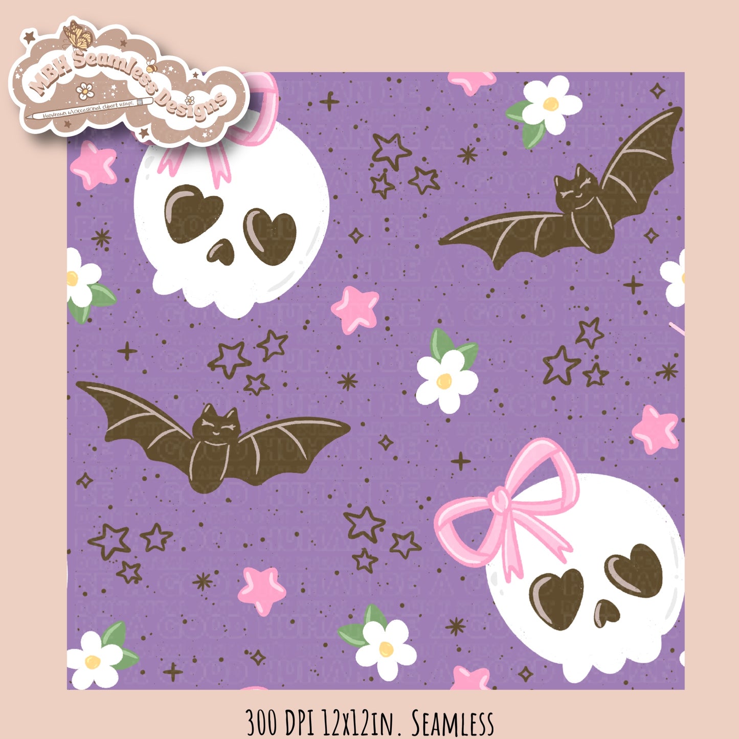 Girly Skulls and Bats Seamless Pattern // Multiple Colorways