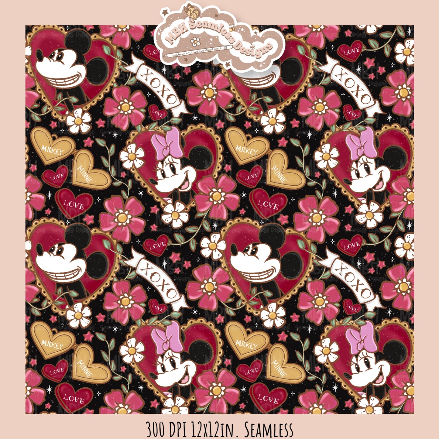 Tattoo FloralMouse Hearts Seamless Pattern // PNG //Multiple Colorways