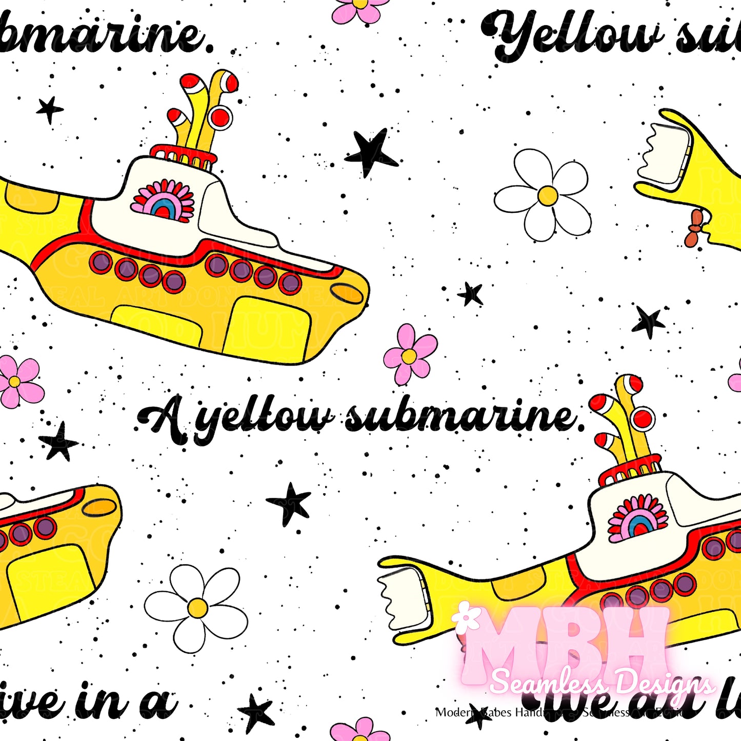 Yellow Submarine Floral Seamless Pattern