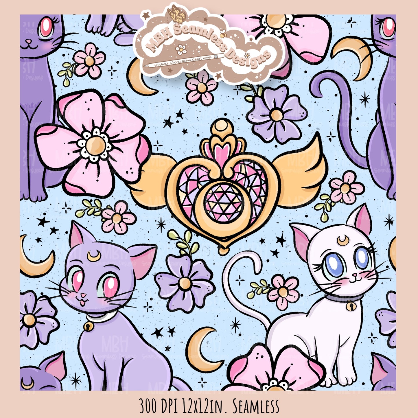 Sailor Moon Cats Seamless Pattern // PNG // MULTIPLE COLORWAY OPTIONS