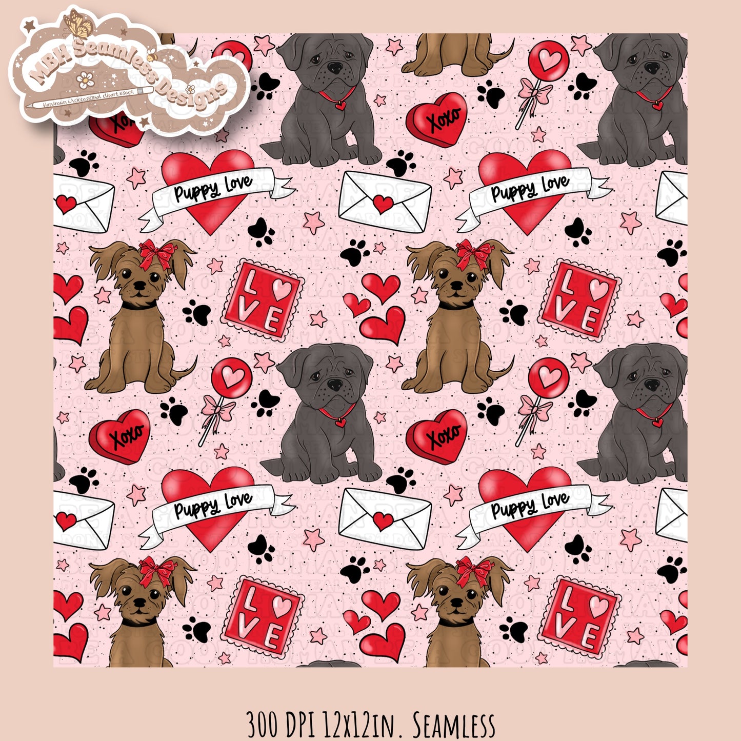 Puppy Love Valentine Seamless Pattern Multiple Colorway Options