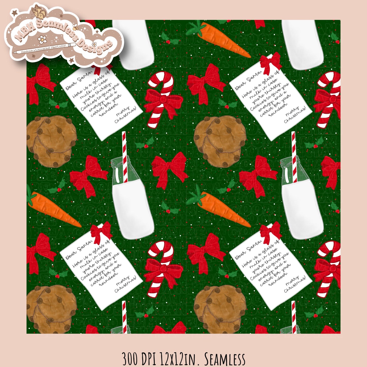 Dear Santa Milk & Cookies Seamless Pattern & PNG MULTIPLE COLORWAYS