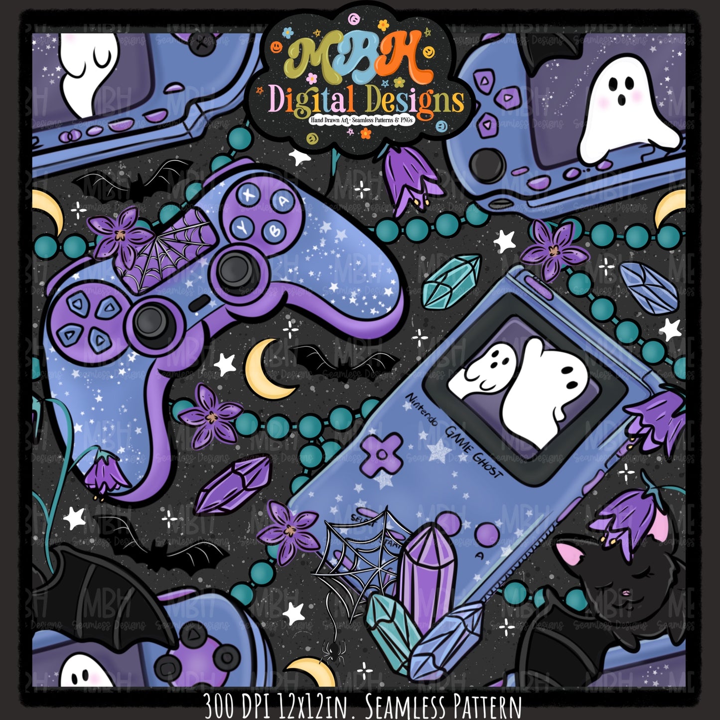 Spooky Gamer Seamless Pattern// PNG// MULTIPLE COLORWAYS