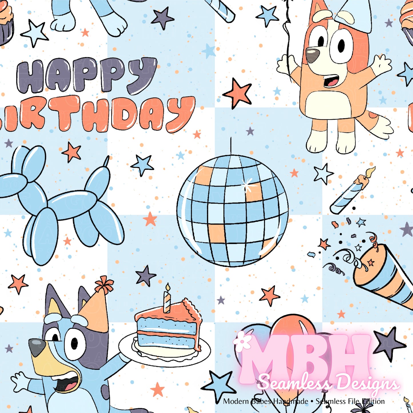 Heeler Disco Birthday CHECKERED Seamless Pattern