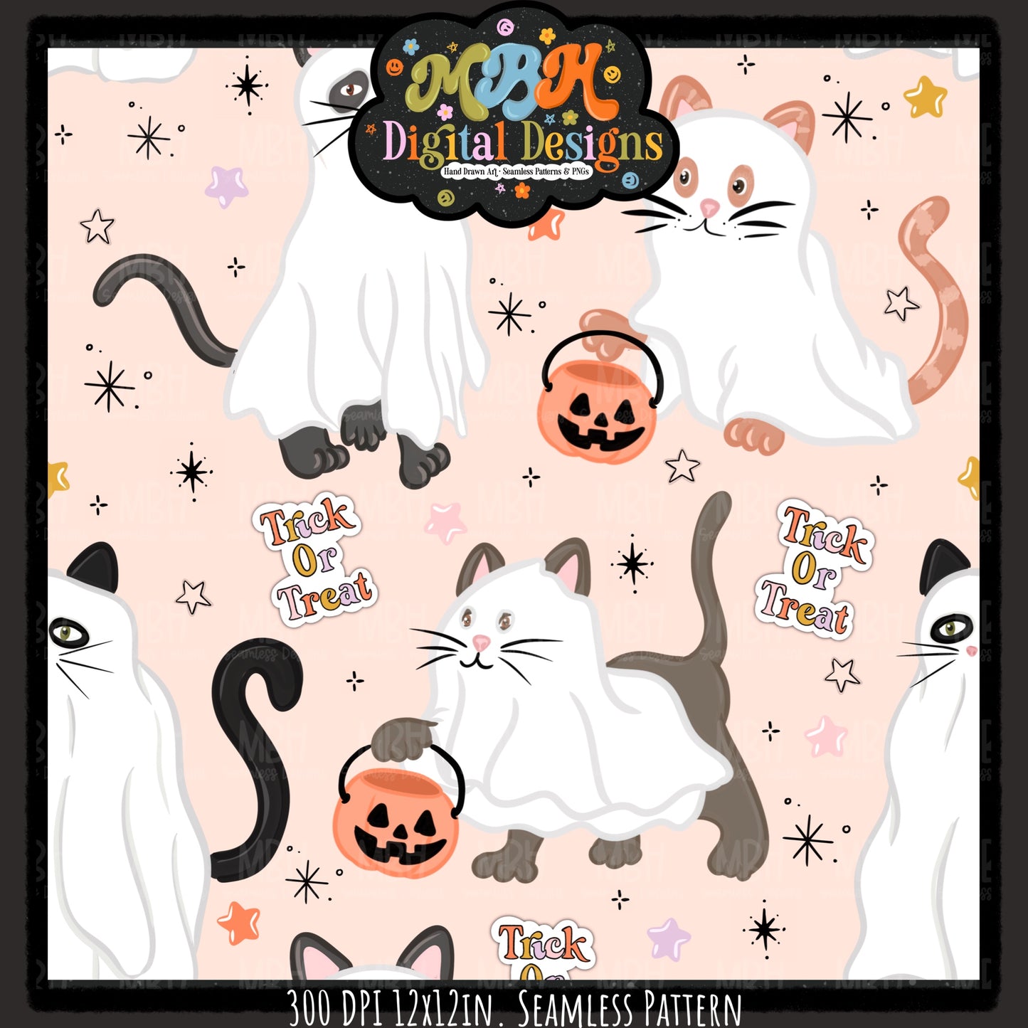 Starry Cat Ghosts Seamless Pattern // MULTIPLE COLORWAYS