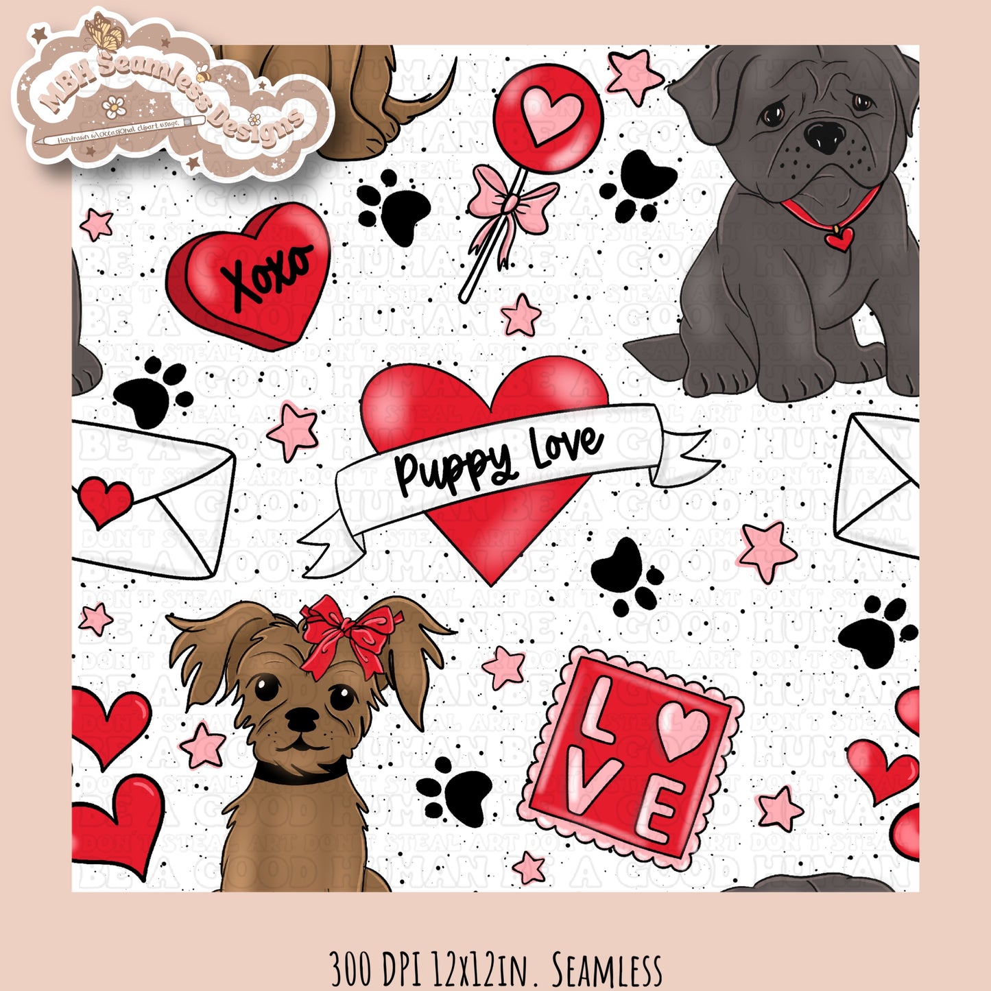 Puppy Love Valentine Seamless Pattern Multiple Colorway Options