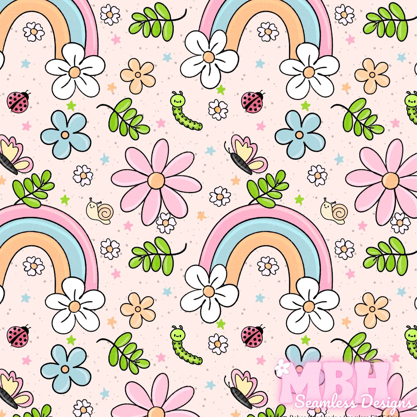 Rainbow Floral Bugs Seamless Pattern MULTIPLE COLORWAYS