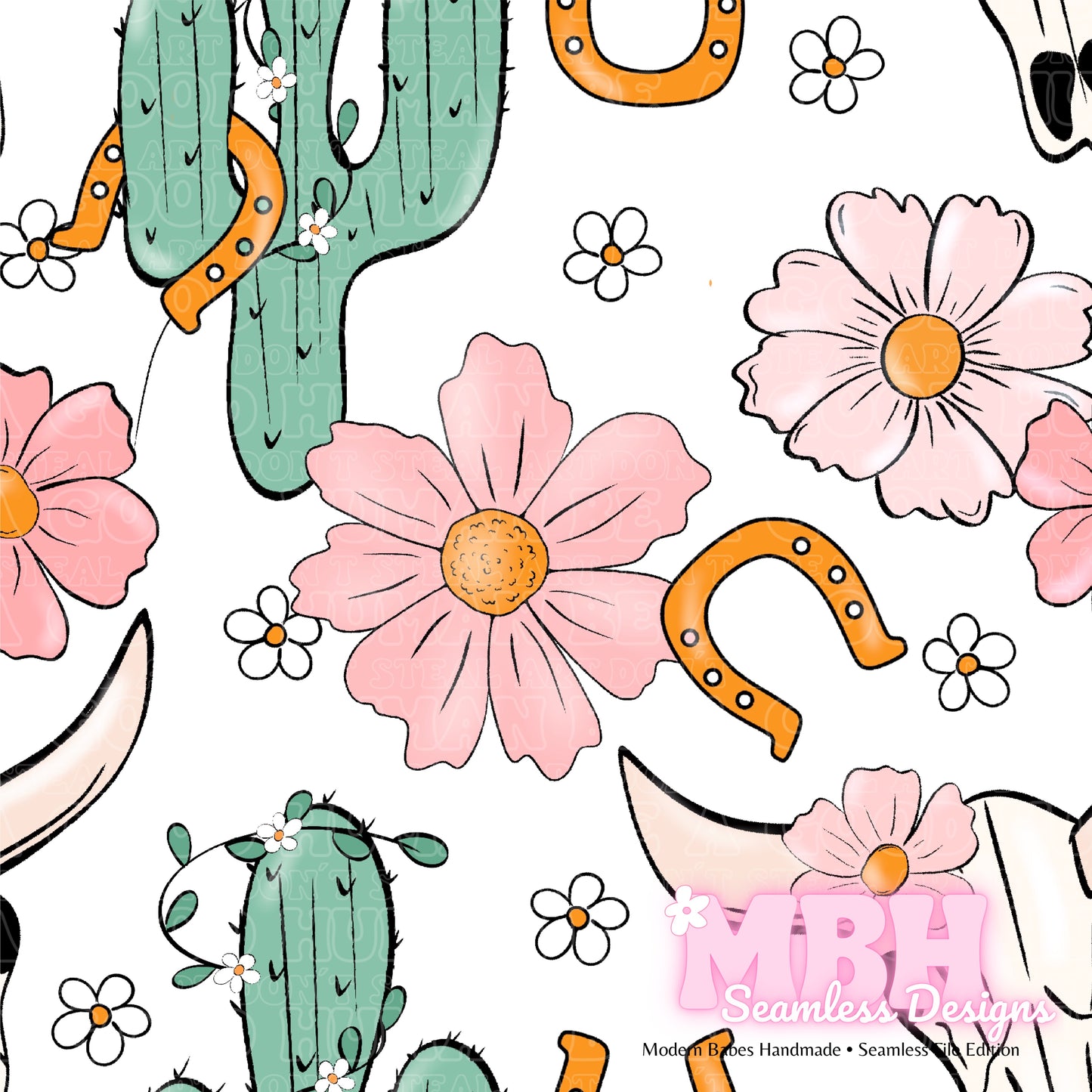 Boho Cactus Floral Cow Skull Seamless Pattern