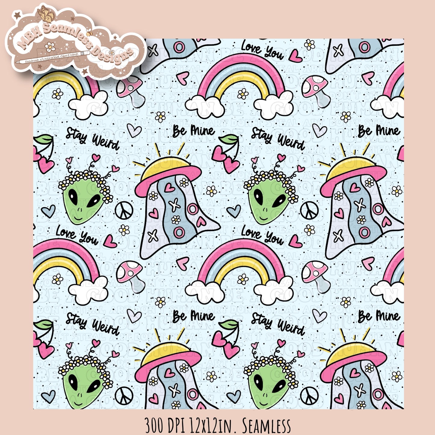 Alien Love Seamless Pattern MULTIPLE COLORWAY OPTIONS