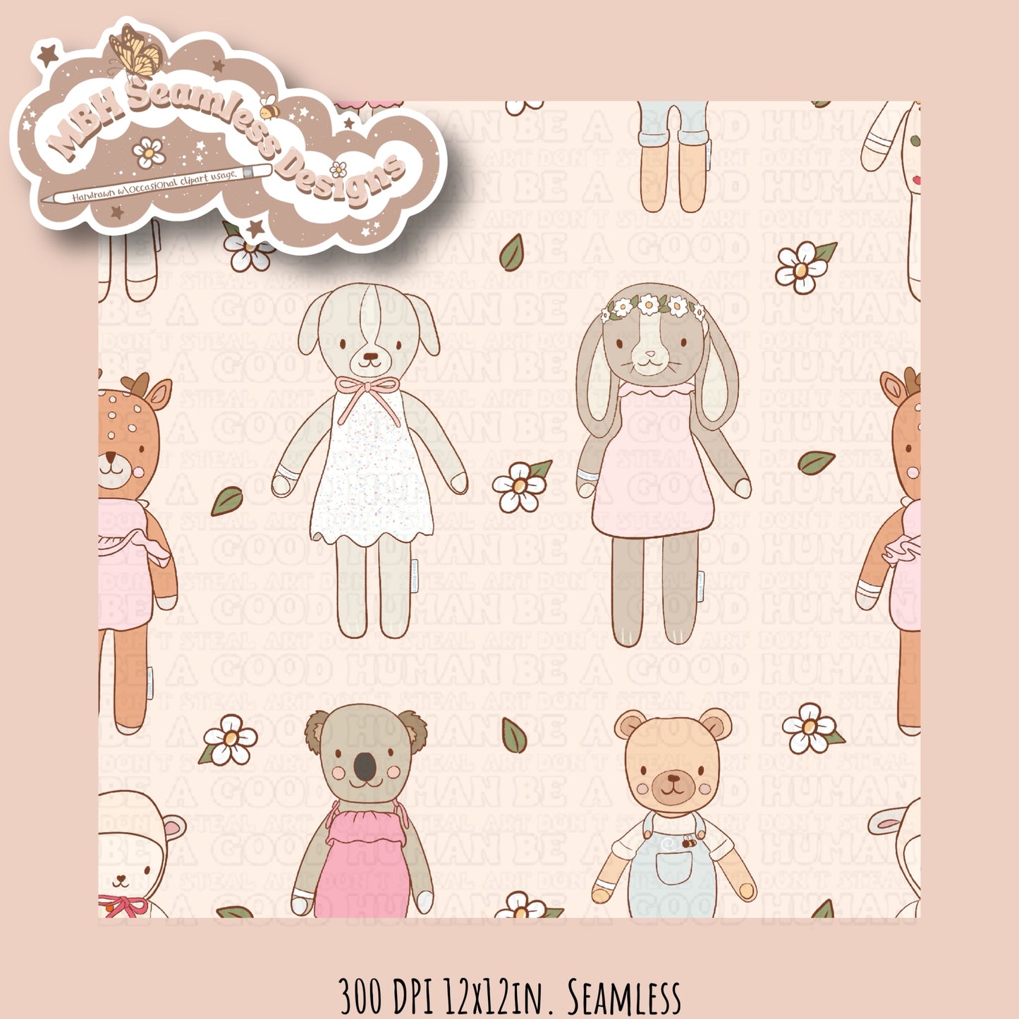 Boho Floral Cuddle & Kind Dolls Seamless Pattern MULTIPLE COLORWAYS