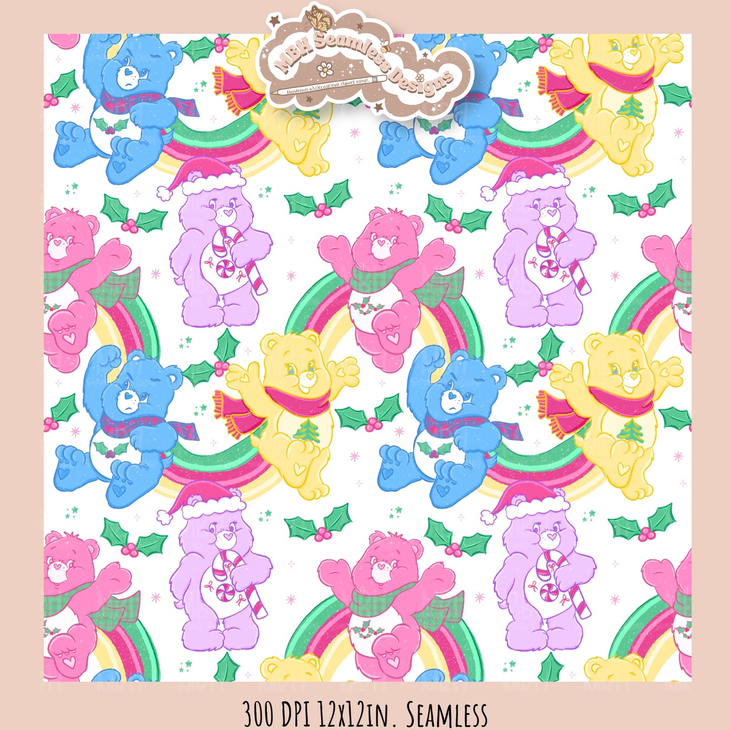 Holiday Care Bears Seamless Pattern // Assorted Colorway Options