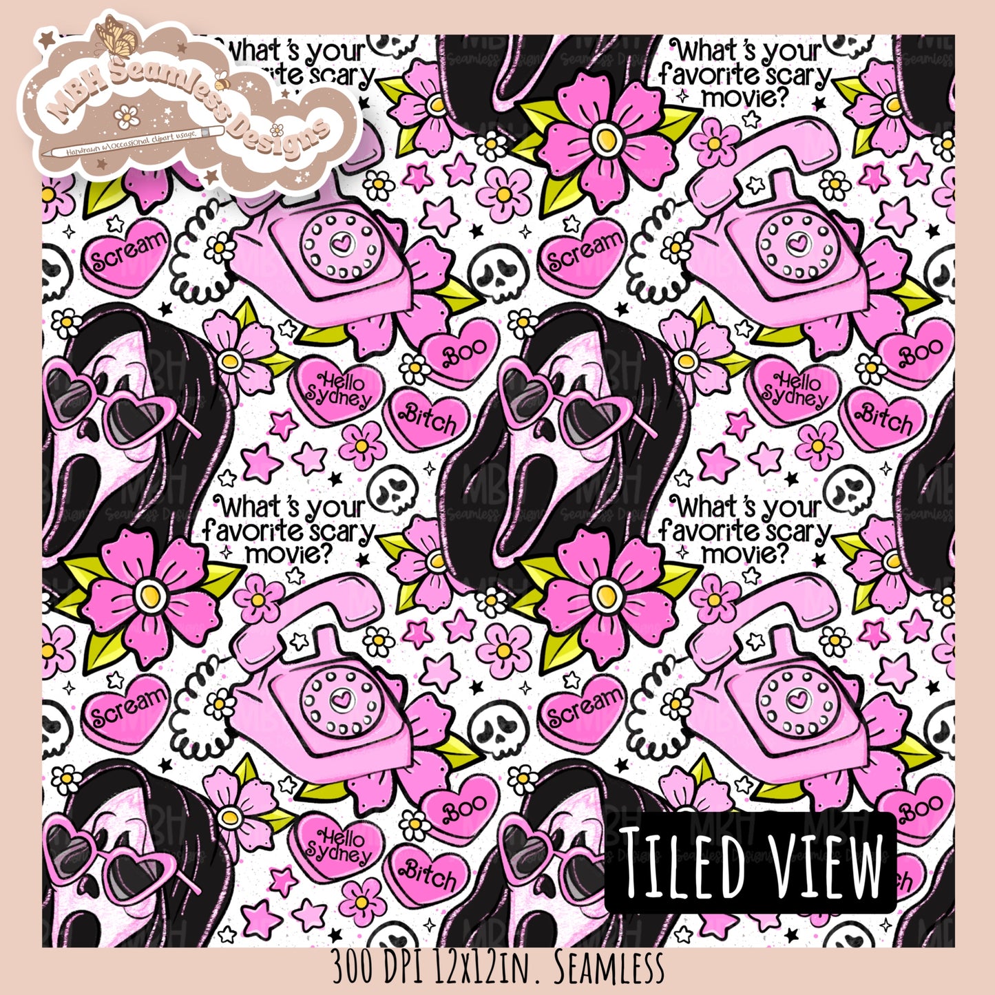 Glitter Tattoo Floral x Ghostface Seamless Pattern // PNG //Multiple Colorway Options