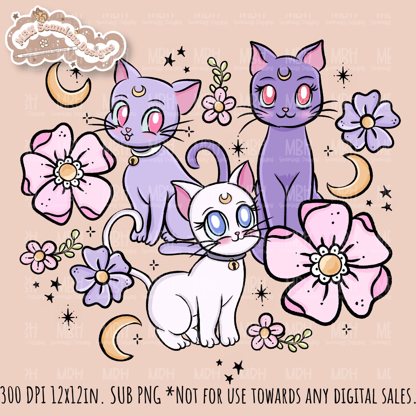 Sailor Moon Cats Seamless Pattern // PNG // MULTIPLE COLORWAY OPTIONS