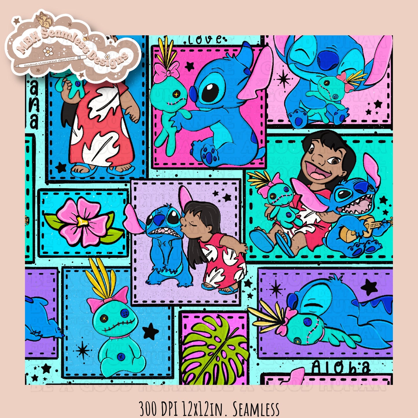 Lilo Stitch Scrump Patchwork Seamless Pattern Multiple Colorways