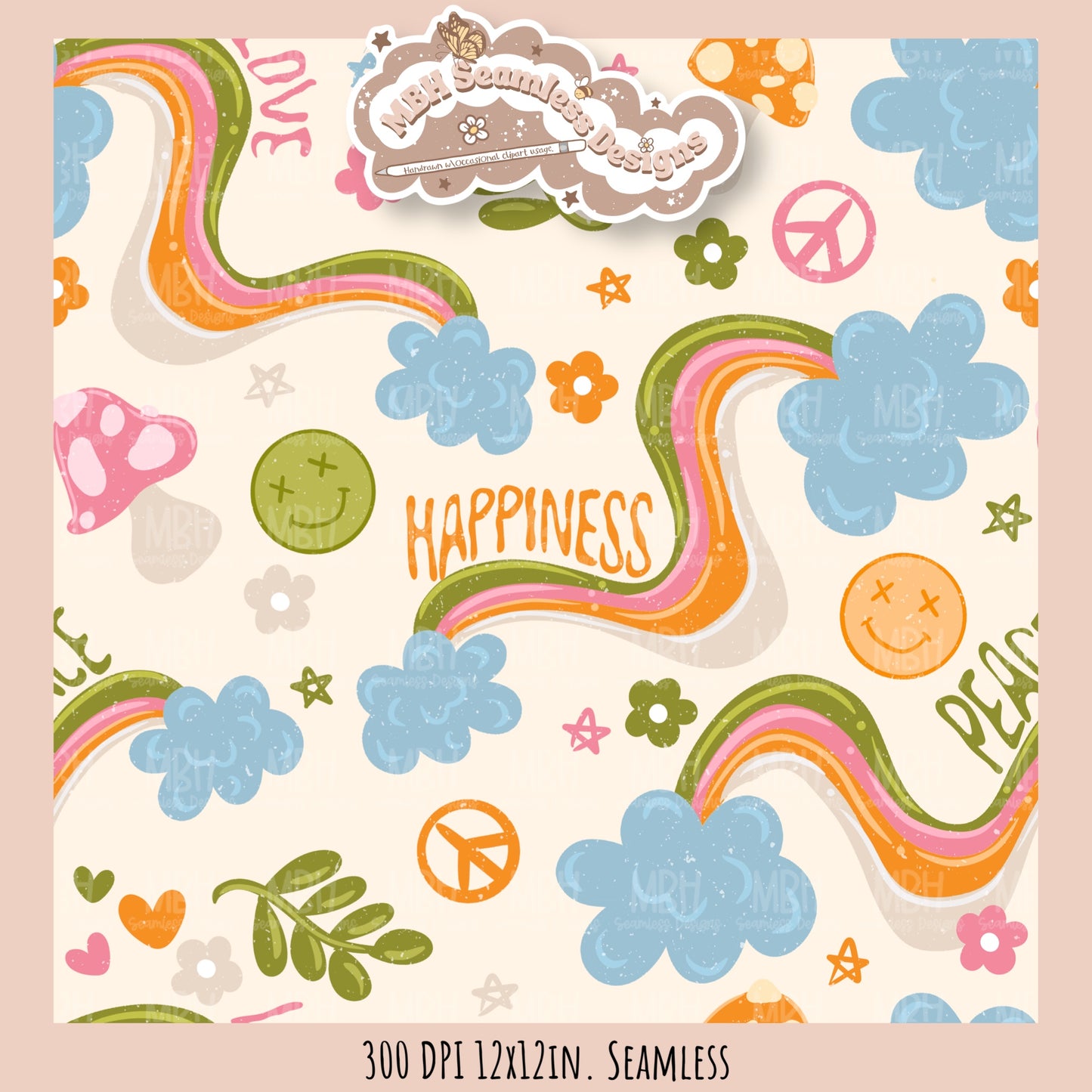 Retro Peace Love Happiness Seamless Pattern
