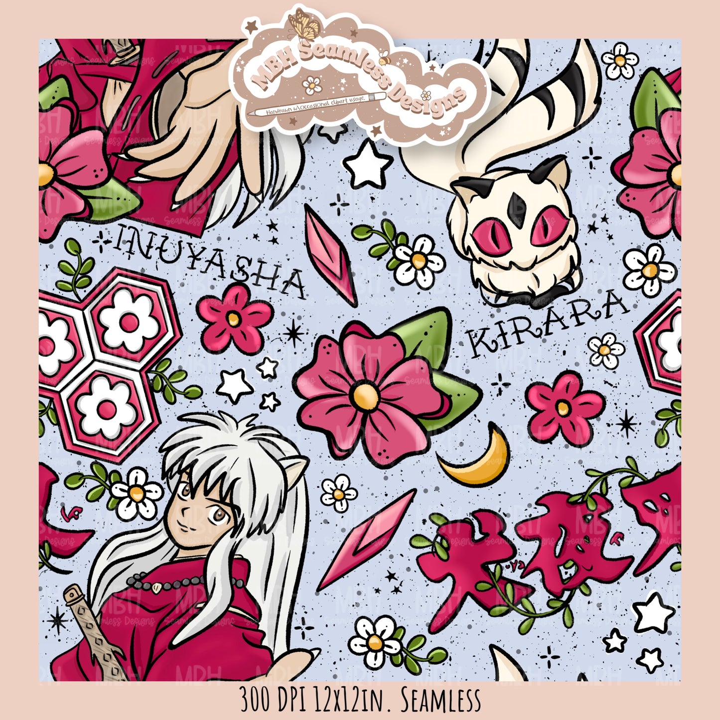 InuYasha Kirara Floral Seamless Pattern // PNG // MULTIPLE COLORWAY OPTIONS