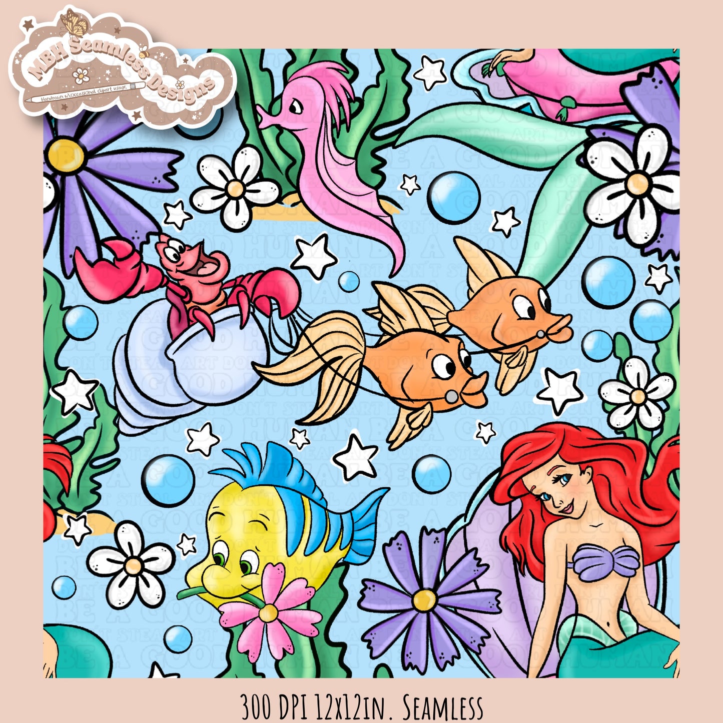 Little Mermaid Floral Seamless Pattern & PNG • MULTIPLE COLORWAY OPTIONS