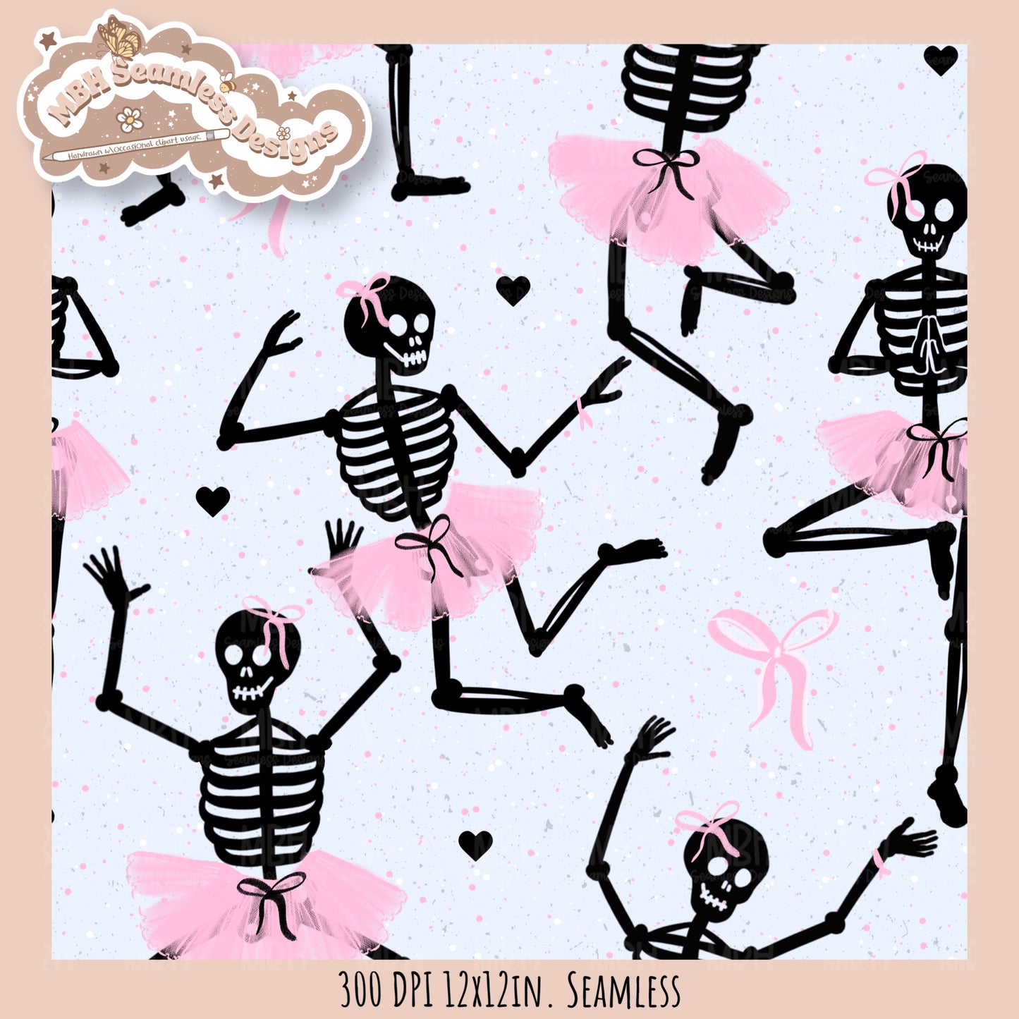 Ballerina Skeletons Seamless Pattern•PNG•Multiple Colorways