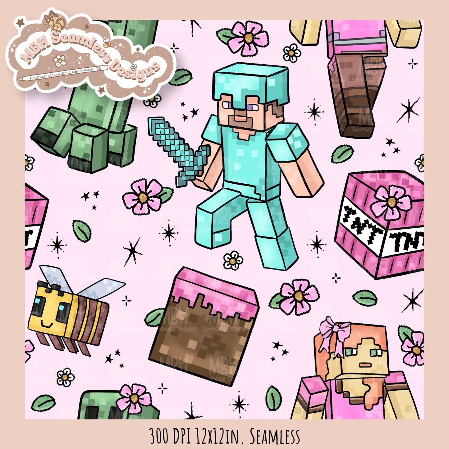 Girly Minecraft Seamless Pattern MULTIPLE COLORWAYS