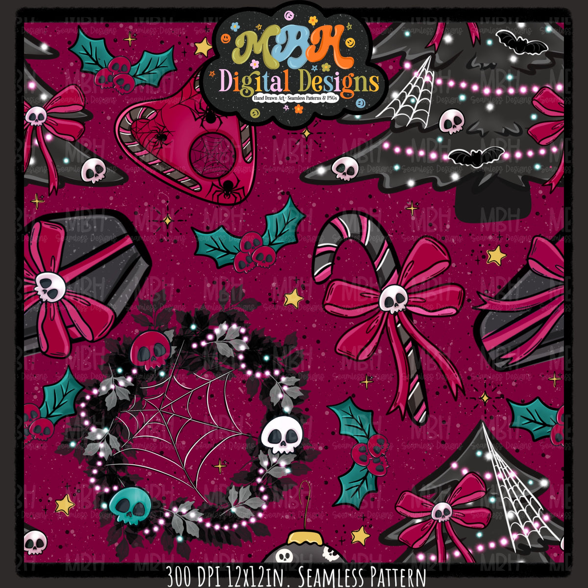 Creepy Christmas Skulls Seamless Pattern // PNG // MULTIPLE COLORWAYS