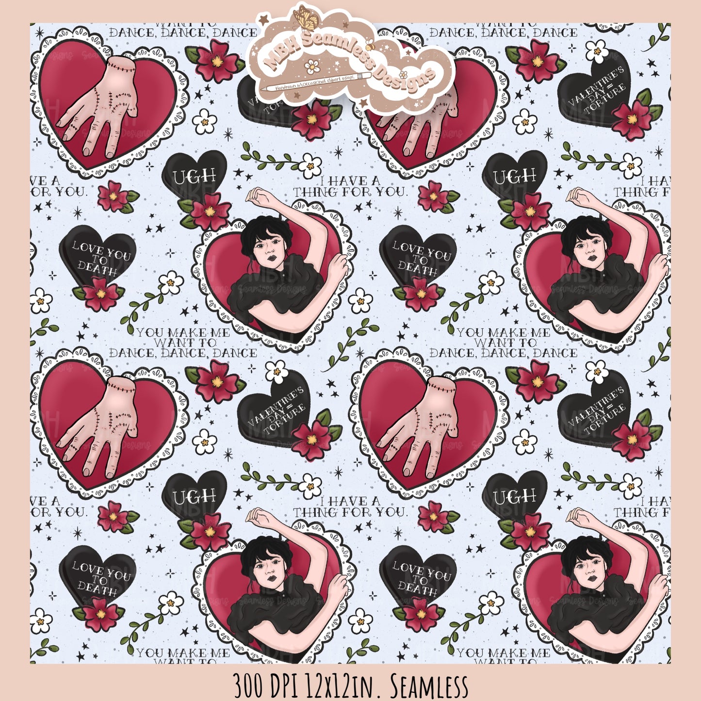 Wednesday Red Tattoo Hearts  Seamless Pattern // PNG // Assorted Colorways