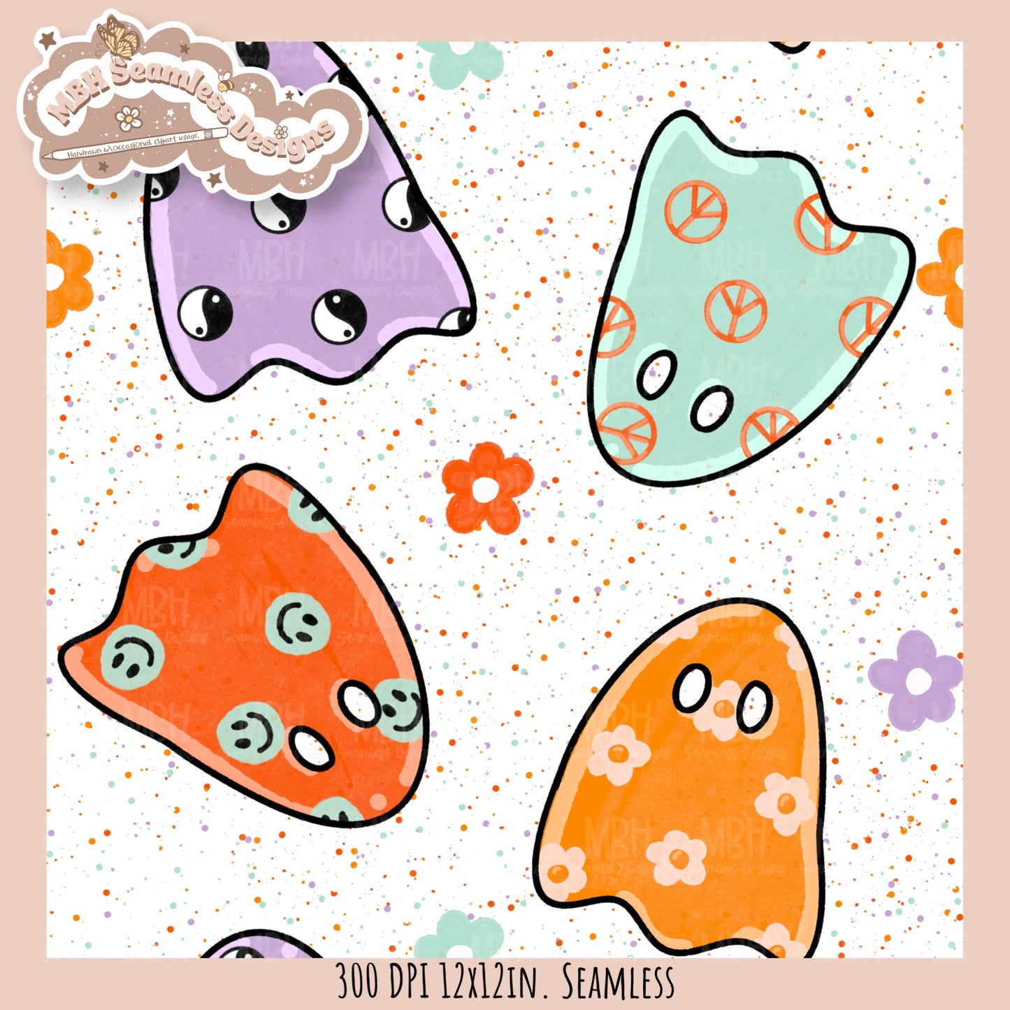 Groovy Ghouls Seamless Pattern // PNG // Assorted Colorway Options
