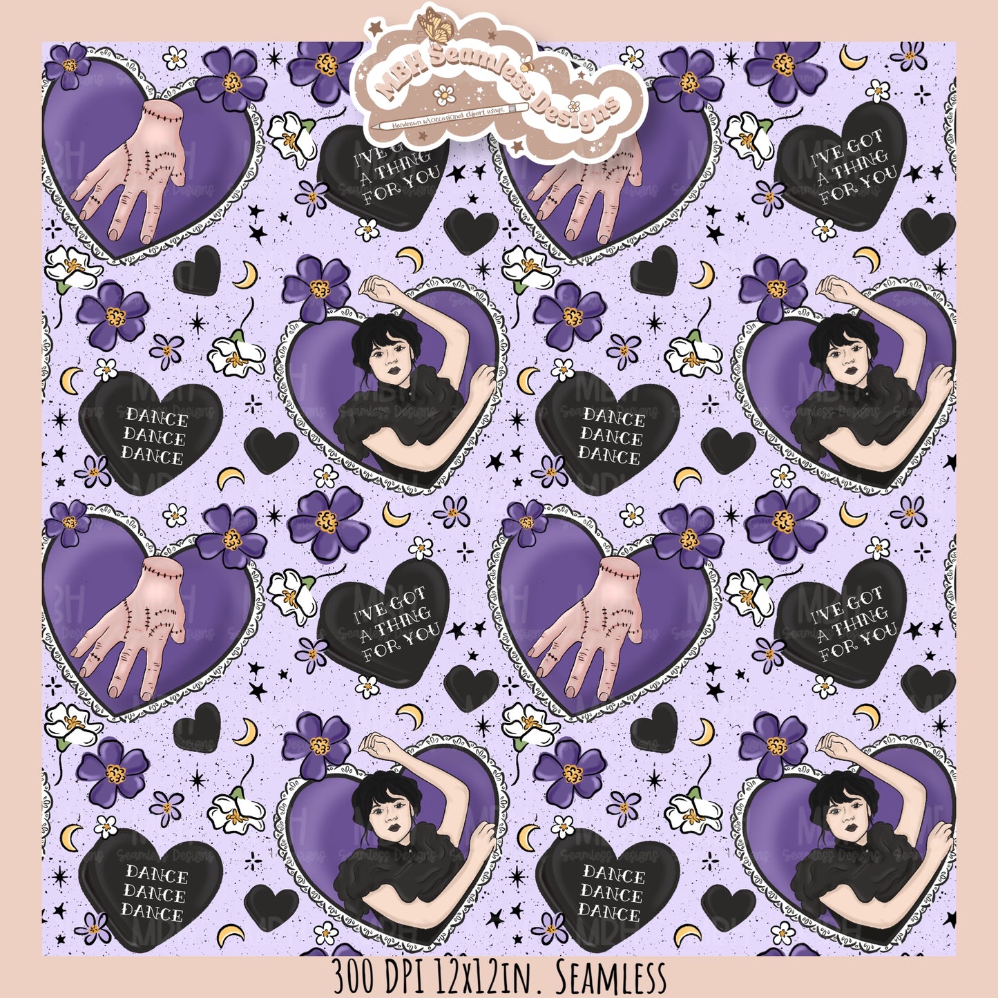 Wednesday Purple Tattoo Hearts Seamless Pattern // PNG // Assorted Colorways