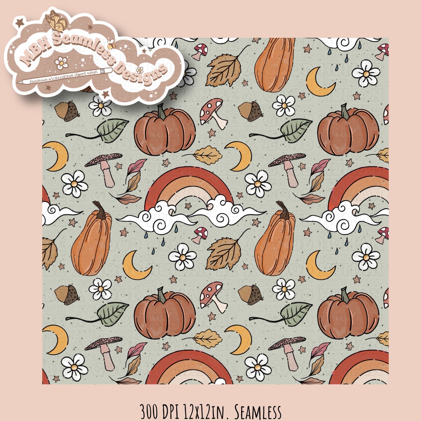 Boho Pumpkins Rainbow Shrooms Seamless Pattern MULTIPLE COLORWAYS