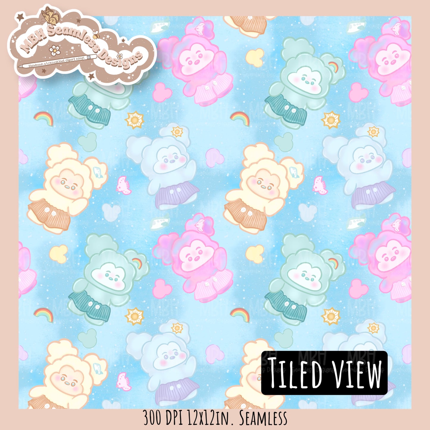 Head In The Clouds Mouse Seamless Pattern // Assorted Colorway Options