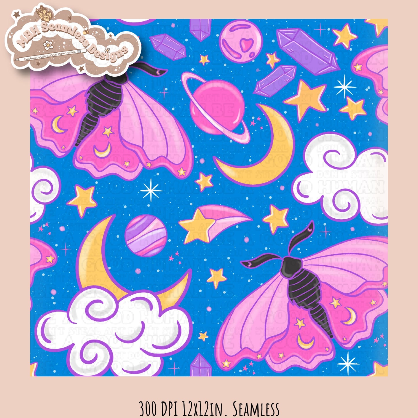 Galaxy Moths Seamless Pattern Multiple Colorways