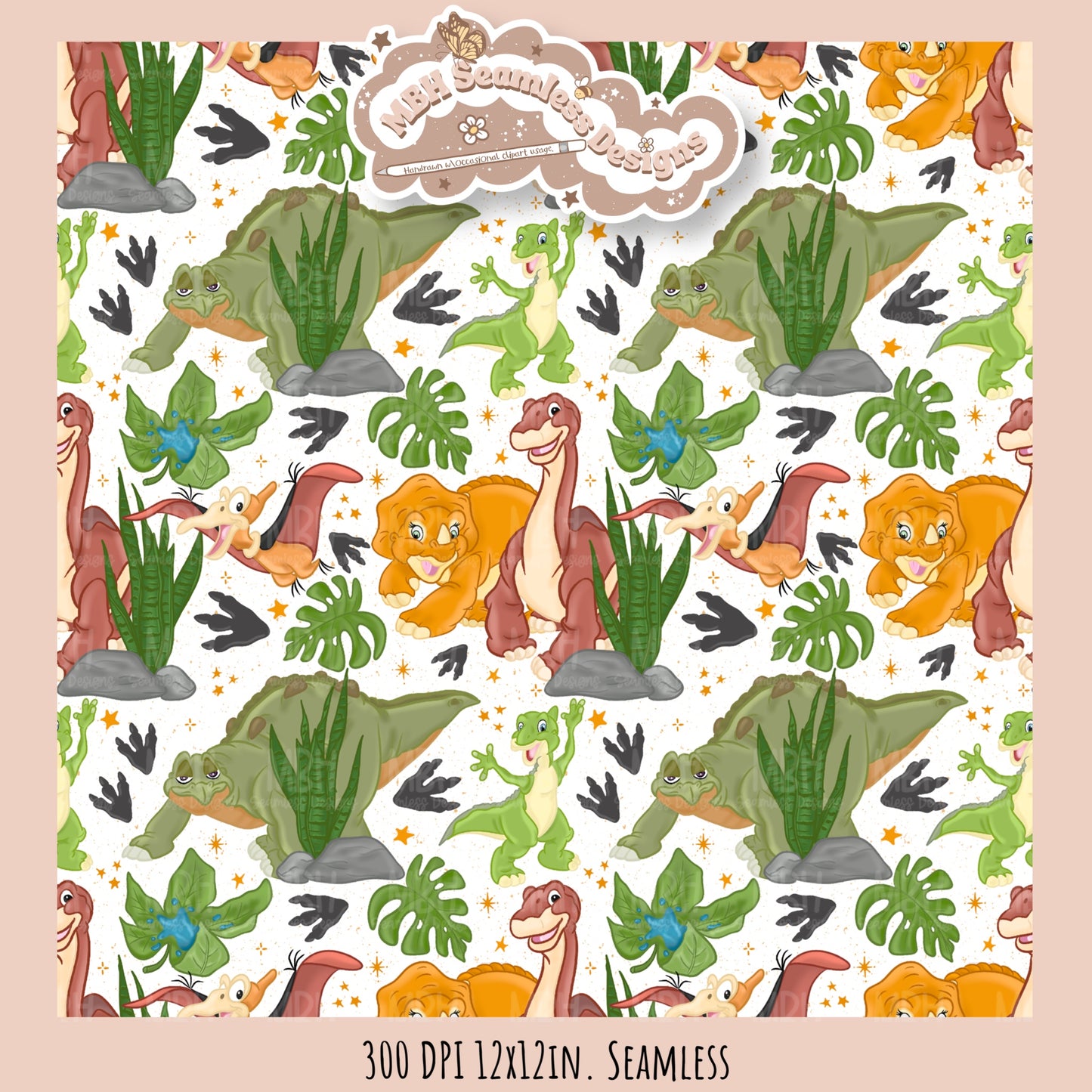 Starry LBT Dinosaurs Seamless Pattern // Multiple Colorway Options