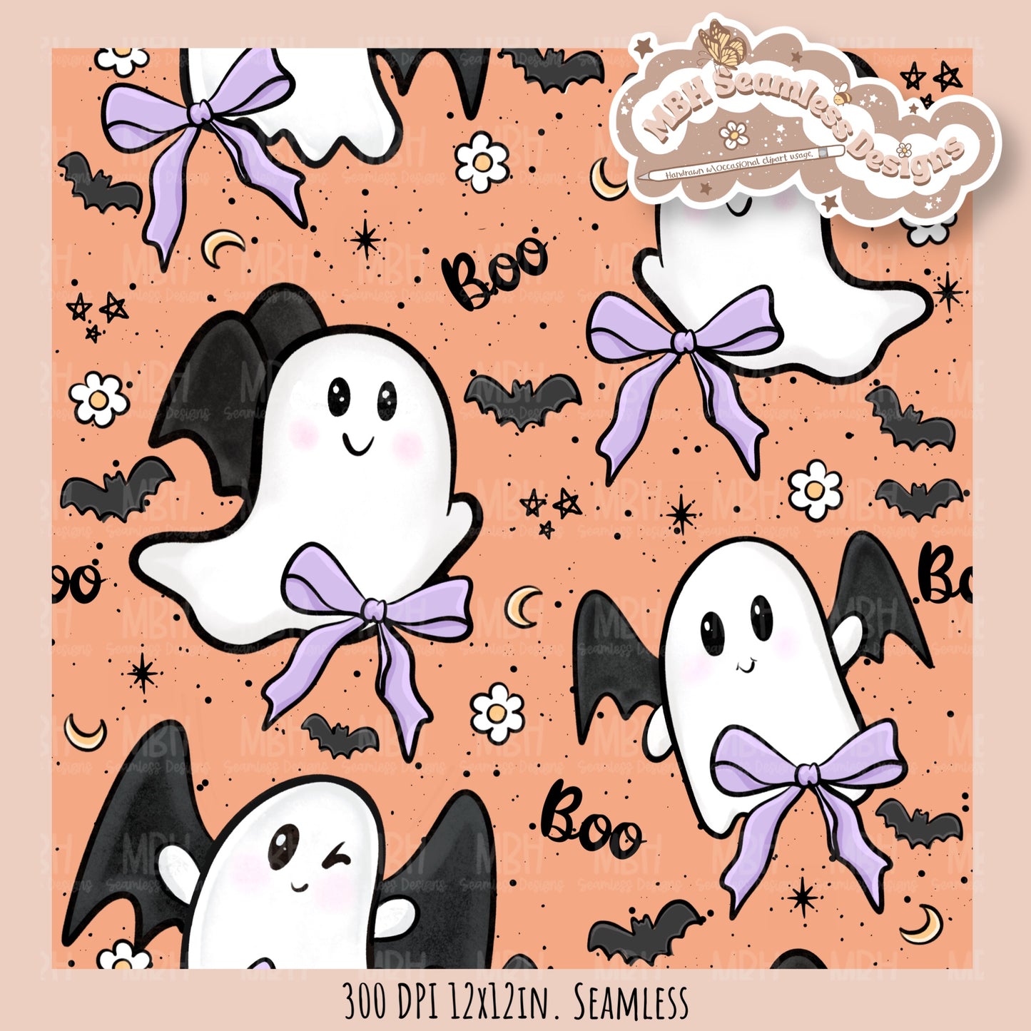 Coquette Ghost Bats Seamless Pattern // Assorted Colorway Options